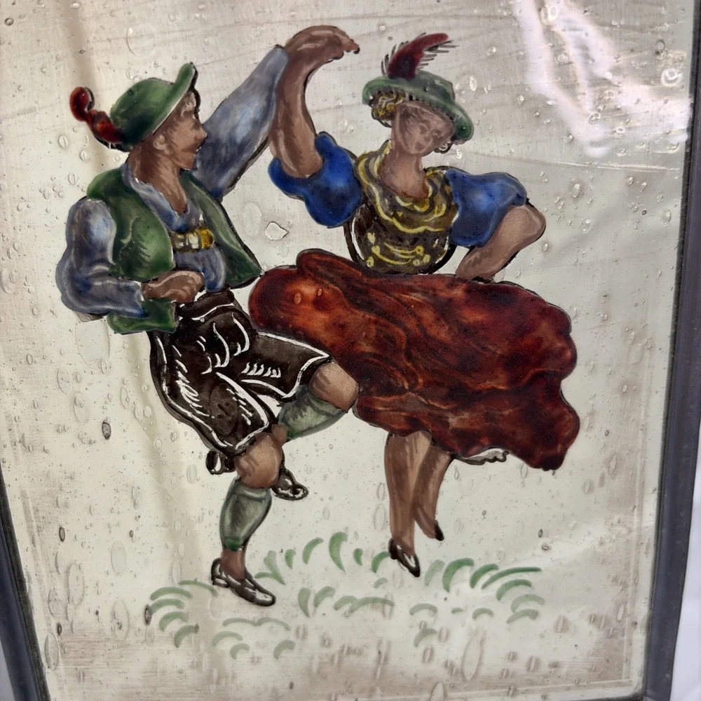 Vintage German Glass Reverse Painting Dancing Couple Metal Frame Oktoberfest
